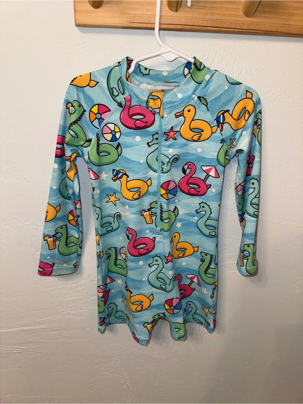Kids' Long Sleeve Swim Zip Up Rashguard - Aqua with Colorful Pool Float 2T EUC